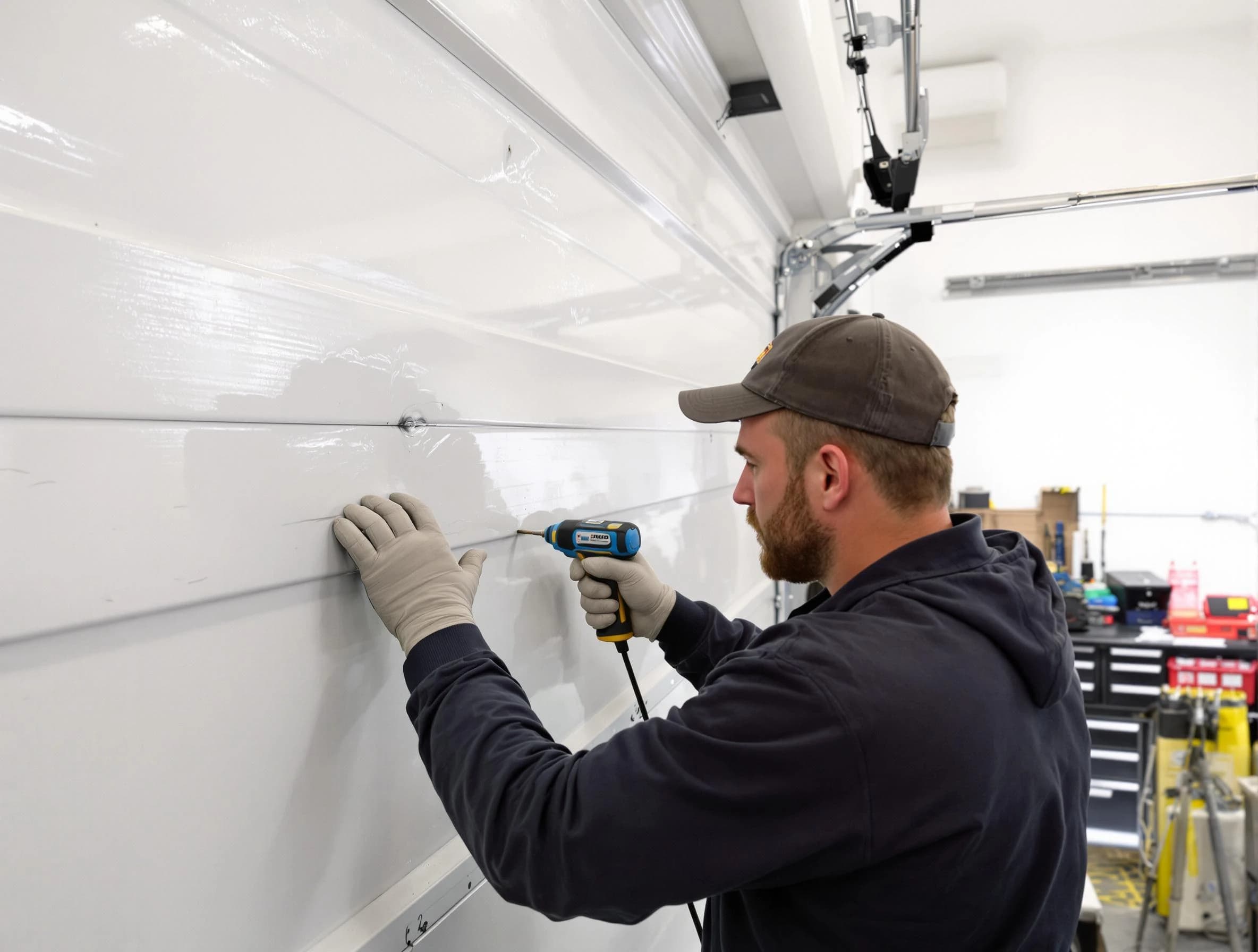 North Decatur Garage Door Repair technician demonstrating precision dent removal techniques on a North Decatur garage door