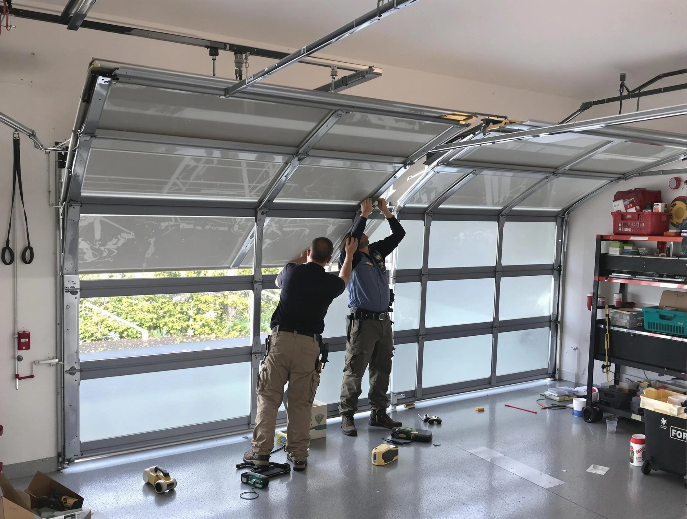 North Decatur Garage Door Repair expert performing precise panel replacement on North Decatur garage door